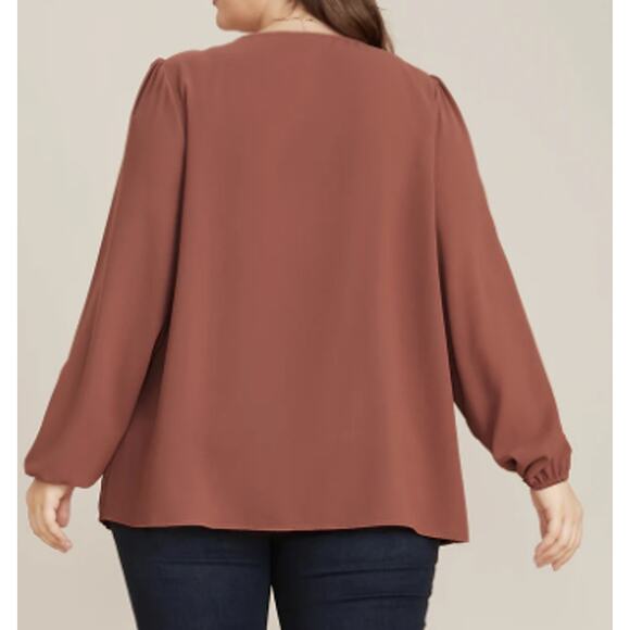 BLOOMCHIC 18-20 2X Plus Brown Round Neck Pleated Lantern Sleeve Blouse NWT B60 - Picture 2 of 8